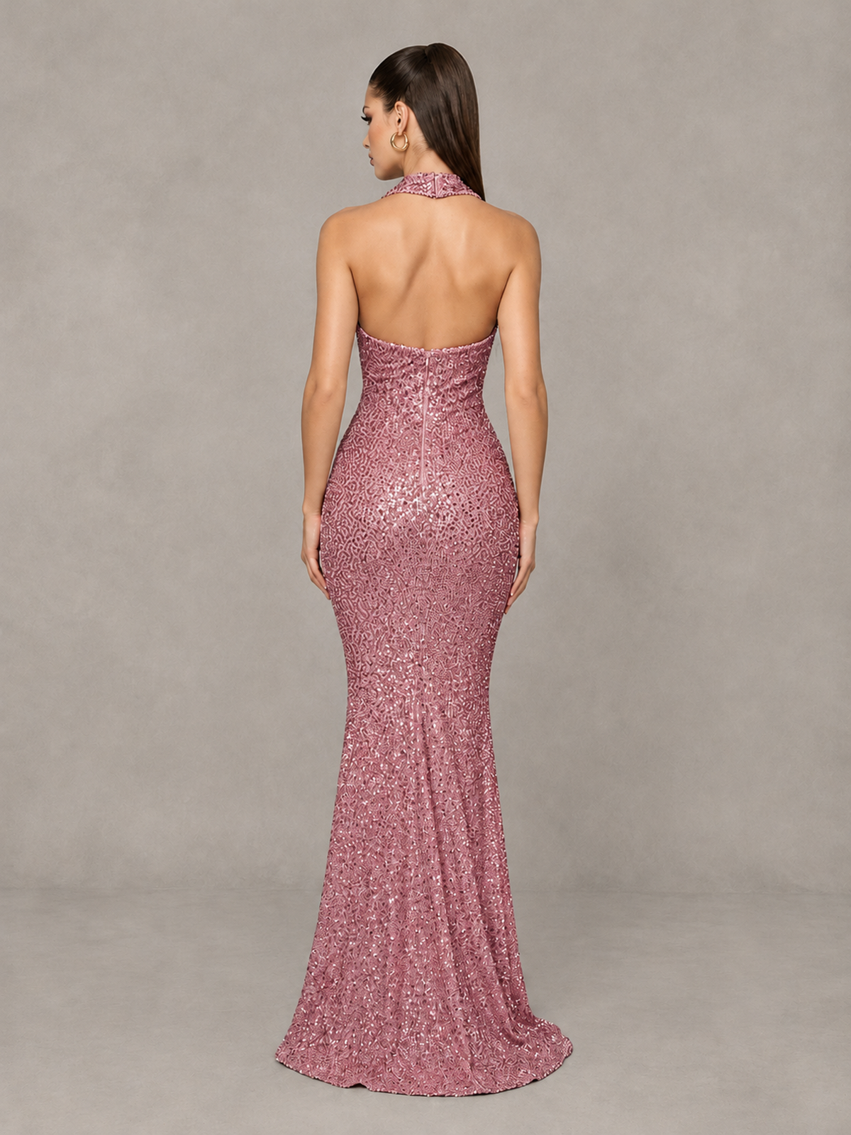 BOLODOO Rose Gold Sequin Halter Mermaid Evening Gown - Rose Gold - Rose Gold (2)