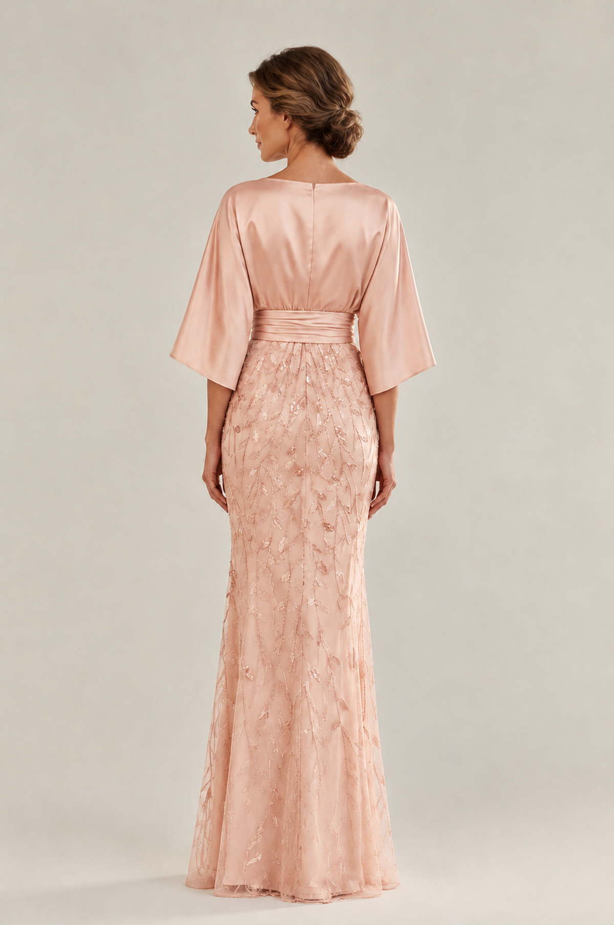 BOLODOO Rose Gold Mother of the Bride Dress with Kimono Sleeves, Satin Bodice & Sequin Embroidered Mermaid Floor-Length Gown - Rose Gold - Rose Gold (2)