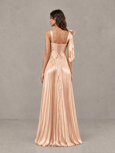 BOLODOO Rose Gold Pleated Bow-Strap Bridesmaid Maxi Dress - Rose Gold - Rose Gold (2)