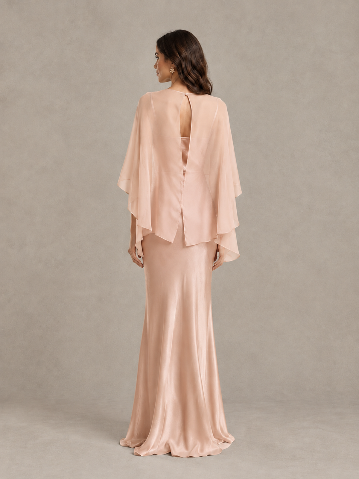 BOLODOO Rose Gold Satin Mermaid Bridesmaid Dress with Chiffon Cape - Rose Gold - Rose Gold (2)