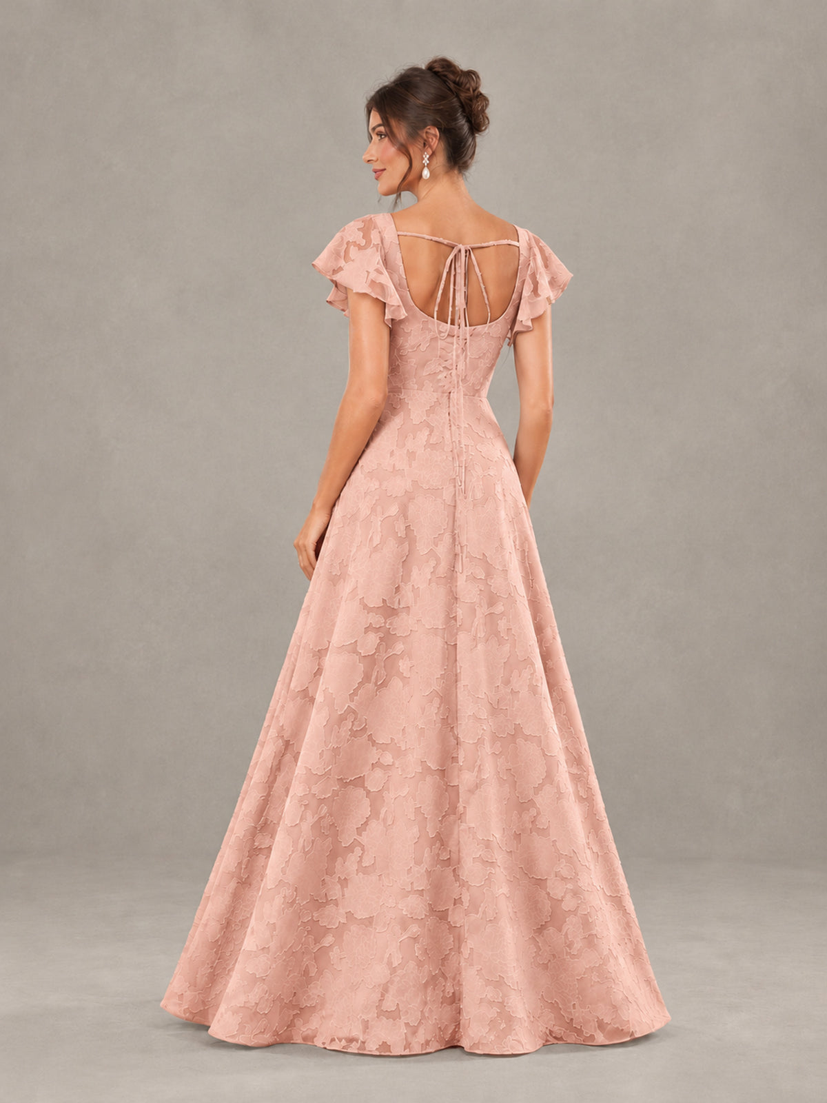 BOLODOO Rose Gold Floral Flutter Sleeve Bridesmaid Dress with Slit - Rose Gold - Rose Gold (2)