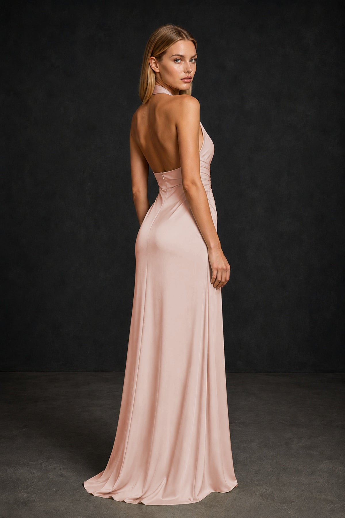 BOLODOO Rose Gold Twisted Halter Neck Ruched Sleeveless Open Back Floor-Length Gown - Rose Gold