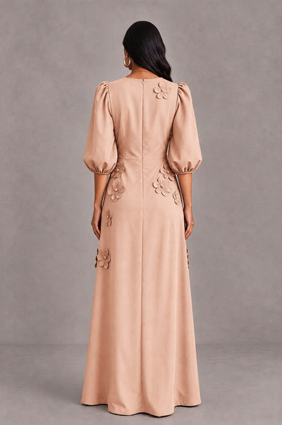 BOLODOO Rose Gold Floral Applique Puff Sleeve A-Line Evening Dress - Rose Gold - Rose Gold (2)