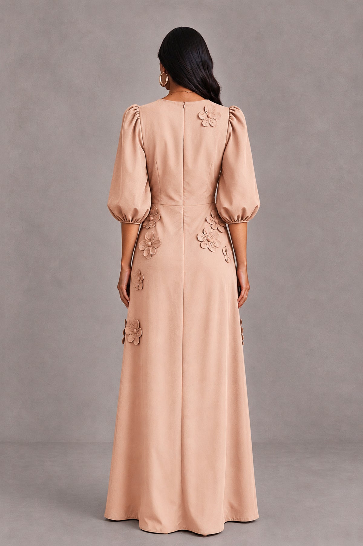 BOLODOO Rose Gold Floral Applique Puff Sleeve A-Line Evening Dress - Rose Gold - Rose Gold (2)