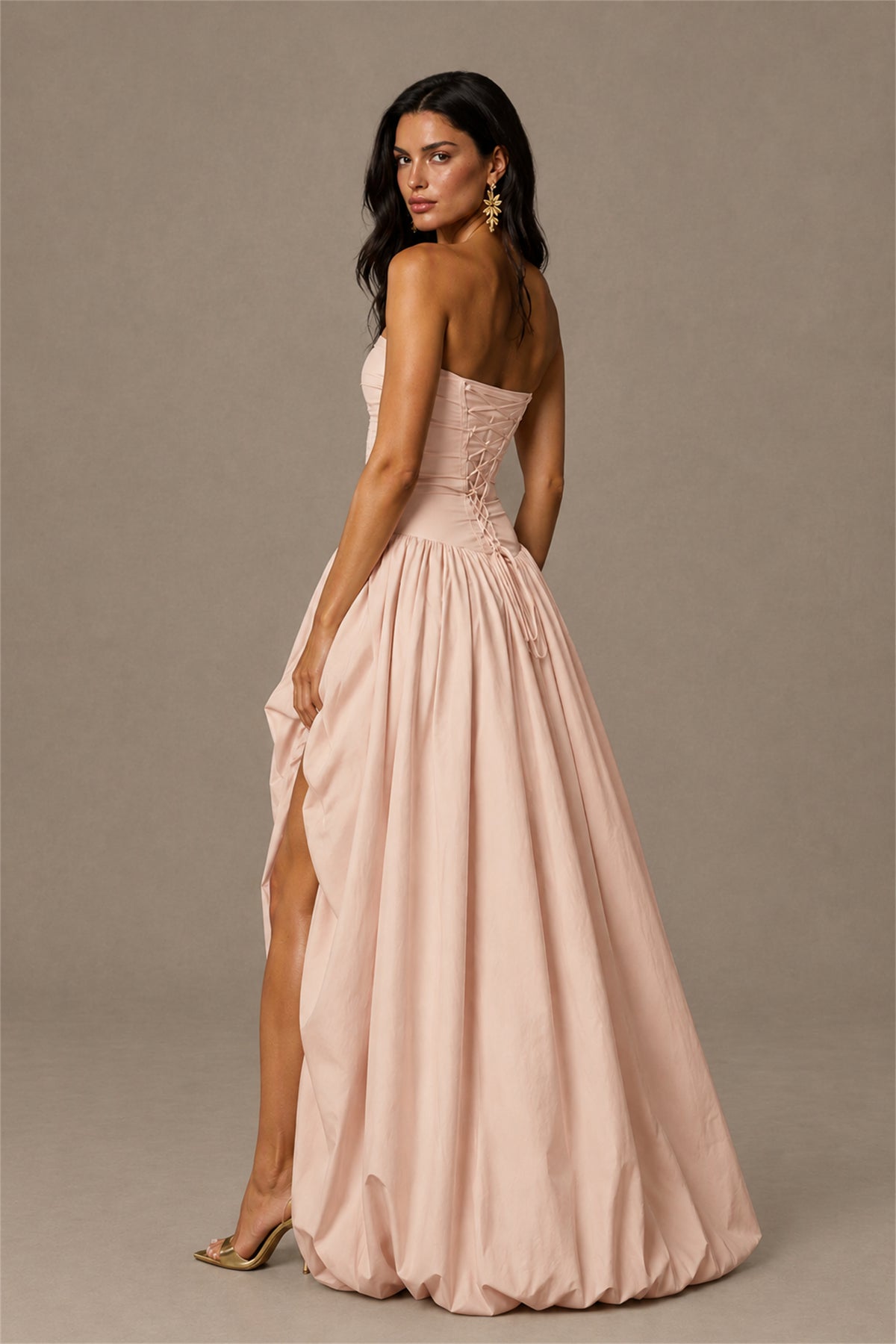BOLODOO Rose Gold Strapless Ruched Corset Lace-Up Back Bubble Skirt High Slit Taffeta Maxi Dress - Rose Gold
