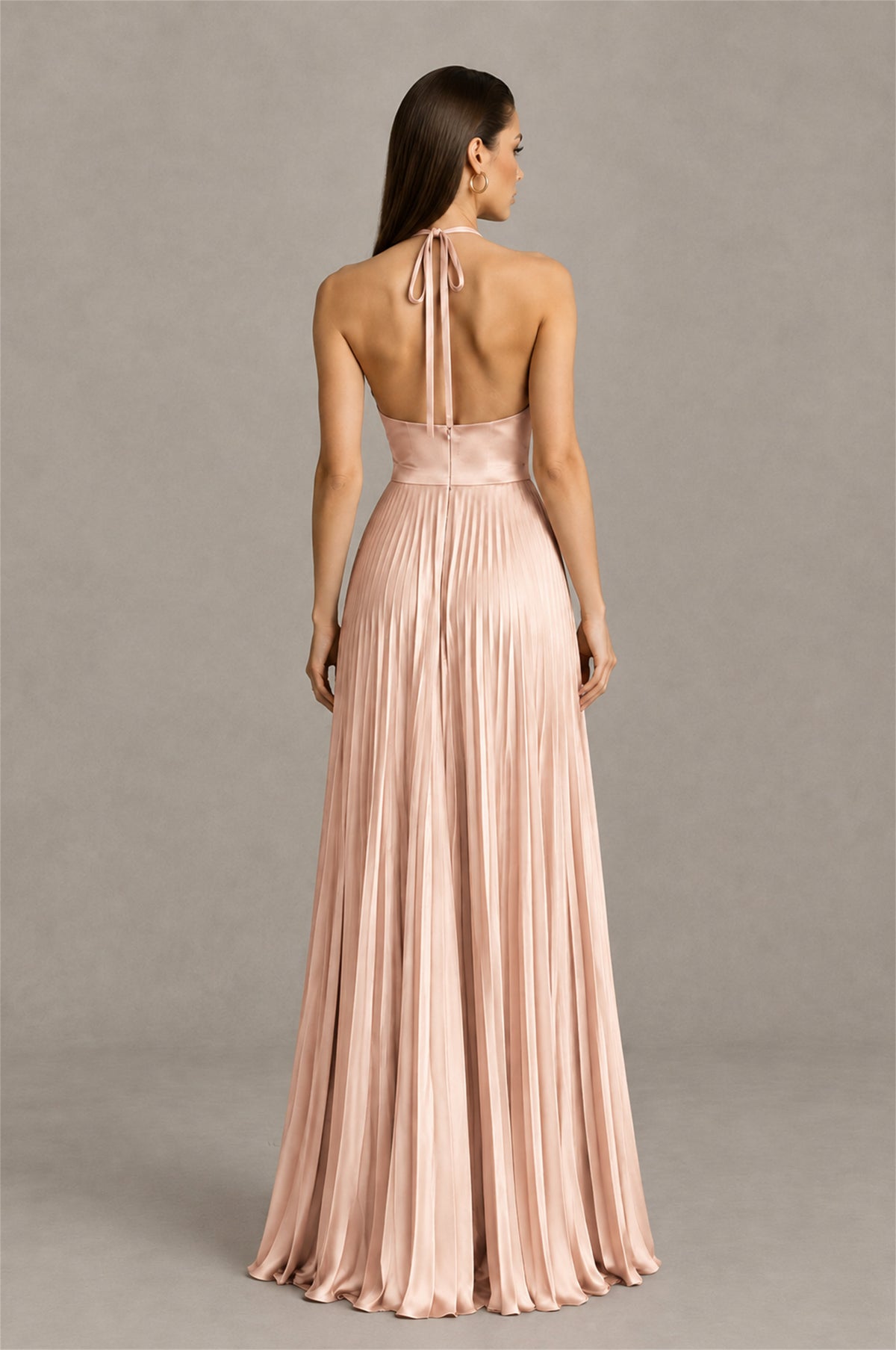 BOLODOO Rose Gold Halter Pleated A-Line Evening Dress - Rose Gold - Rose Gold (2)
