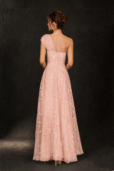 BOLODOO Rose Gold Leaf Sequin One-Shoulder A-Line Maxi Gown – Mother of the Bride & Formal Evening Dress - Rose Gold