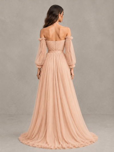 BOLODOO Rose Gold Off-the-Shoulder Long Sleeve A-Line Bridesmaid Dress - Rose Gold - Rose Gold (2)