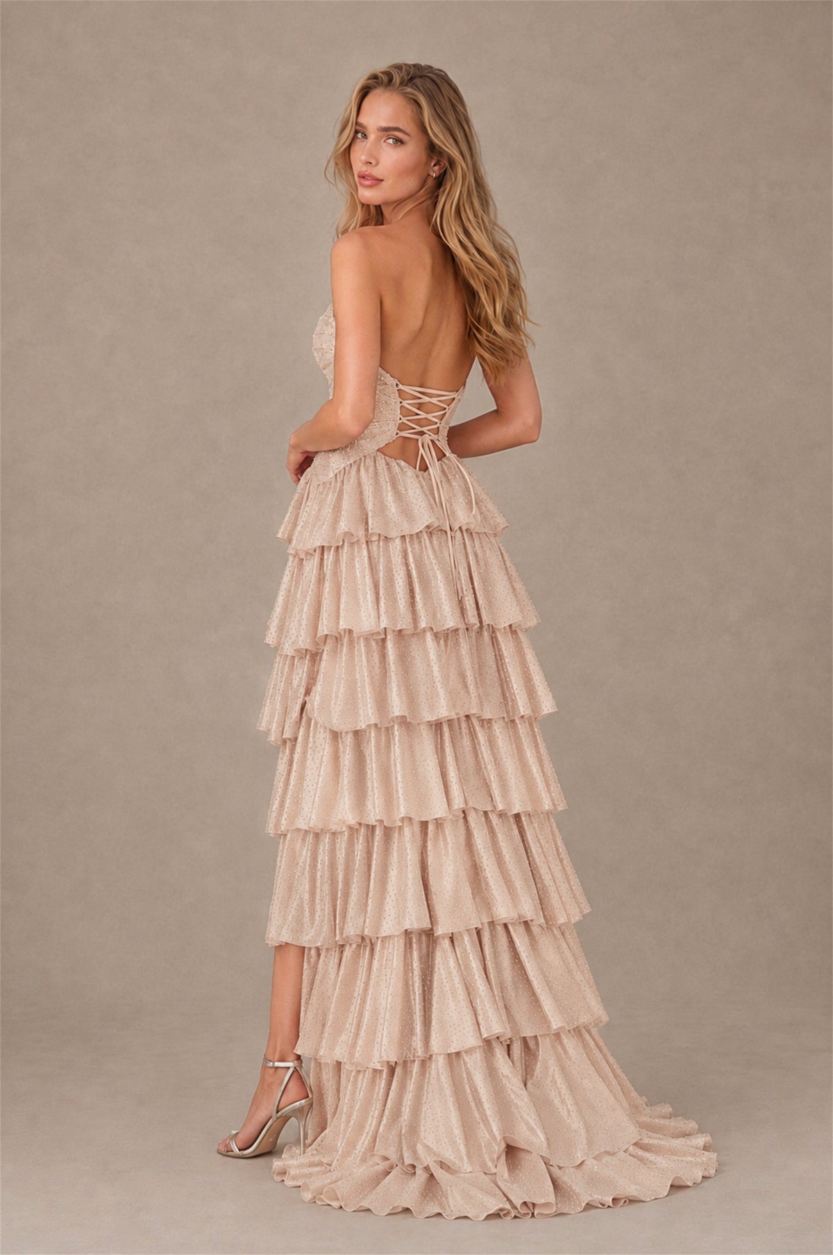 BOLODOO Rose Gold Strapless Cutout Tiered Ruffle Prom Dress with High Slit - Rose Gold - Rose Gold (2)