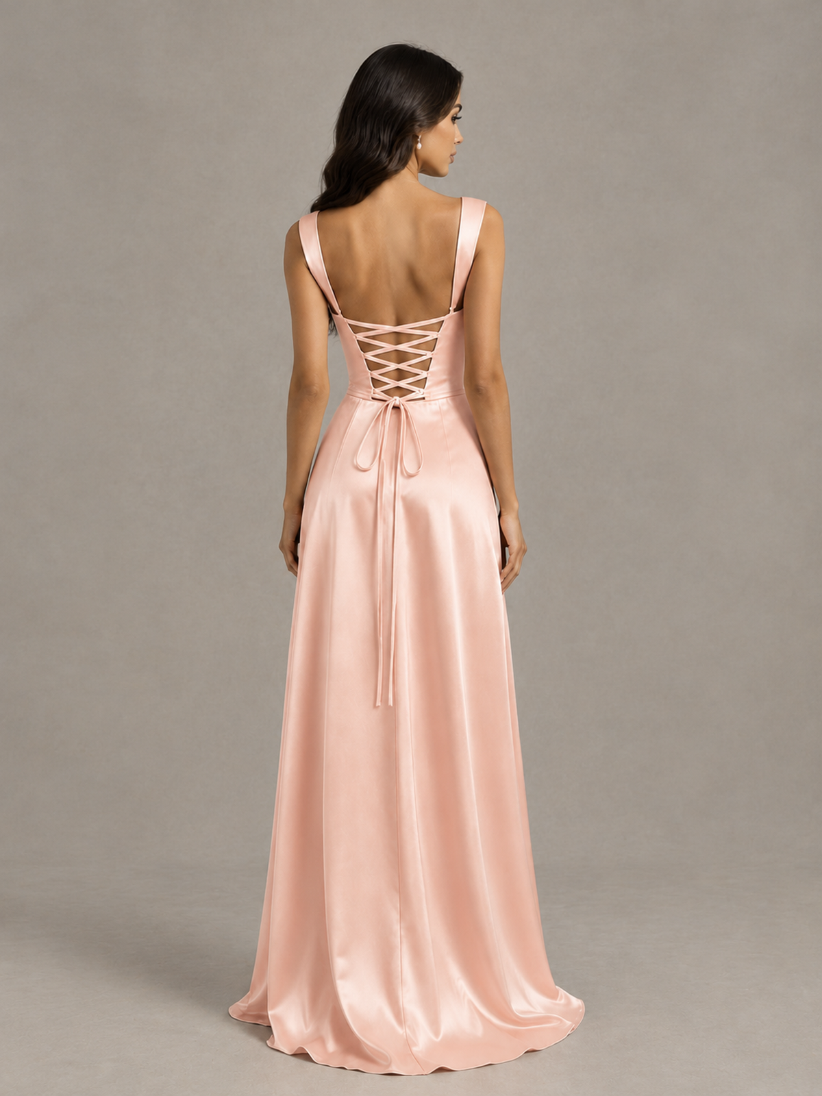 BOLODOO Rose Gold Satin Lace-Up Bridesmaid Dress with Slit - Rose Gold - Rose Gold (2)