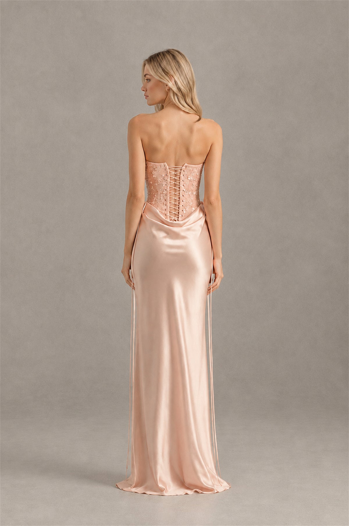 BOLODOO Rose Gold Strapless Embellished Corset Satin-Look Maxi Dress - Rose Gold