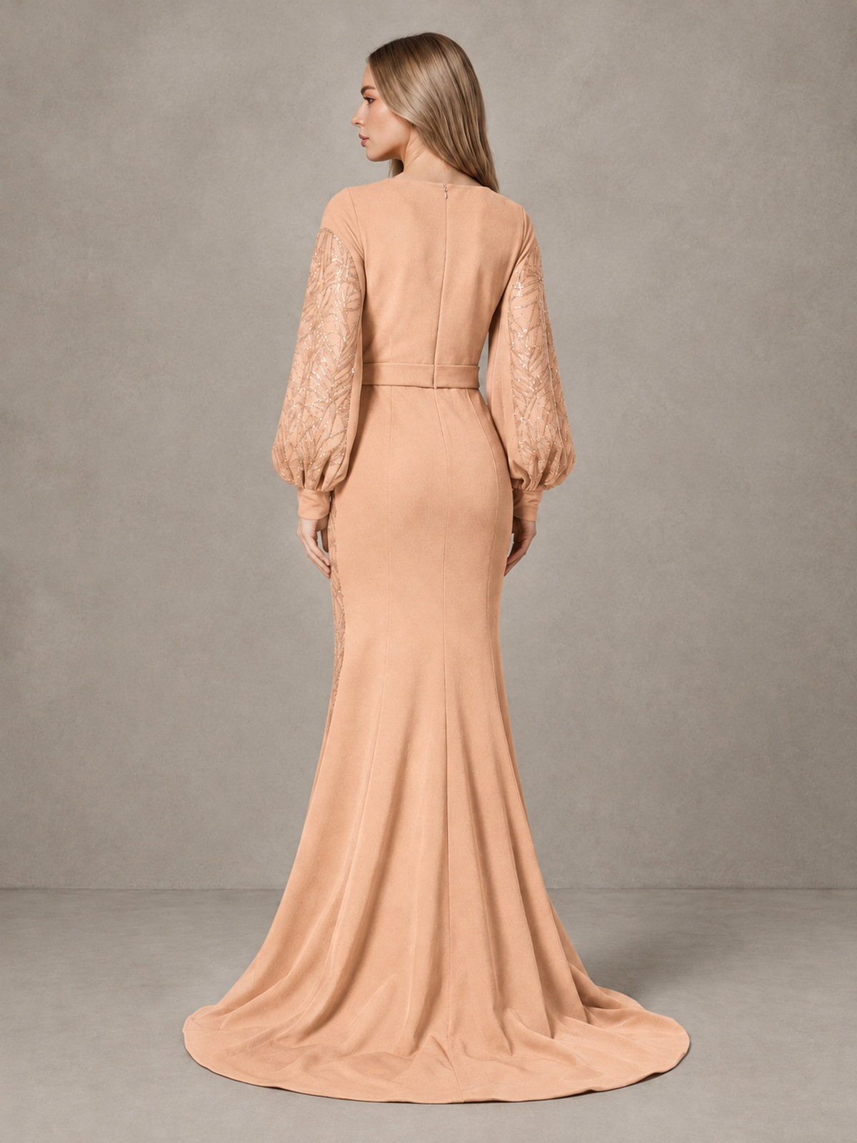 BOLODOO Rose Gold Sequin Long Bishop Sleeve Mermaid Evening Dress - Rose Gold - Rose Gold (2)
