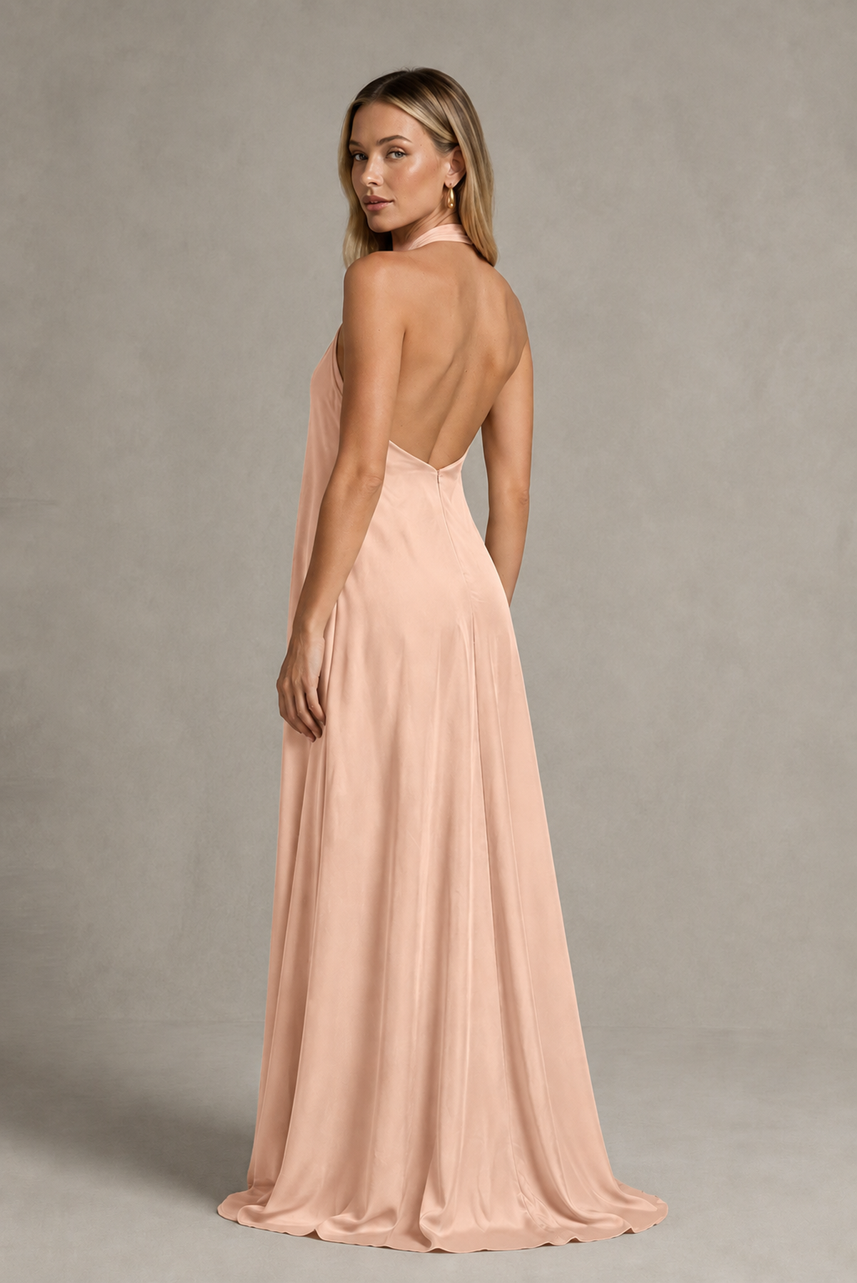 BOLODOO Rose Gold Backless Halter Satin Bridesmaid Dress - Rose Gold