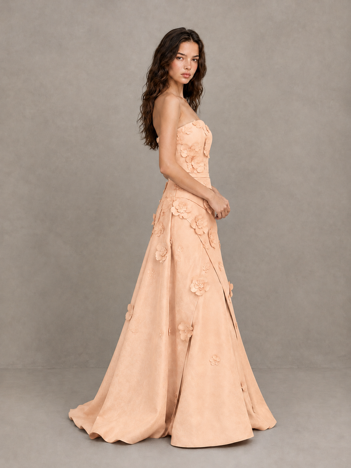 BOLODOO Rose Gold Strapless 3D Floral Applique Prom Gown with Draped Skirt - Rose Gold - Rose Gold (3)