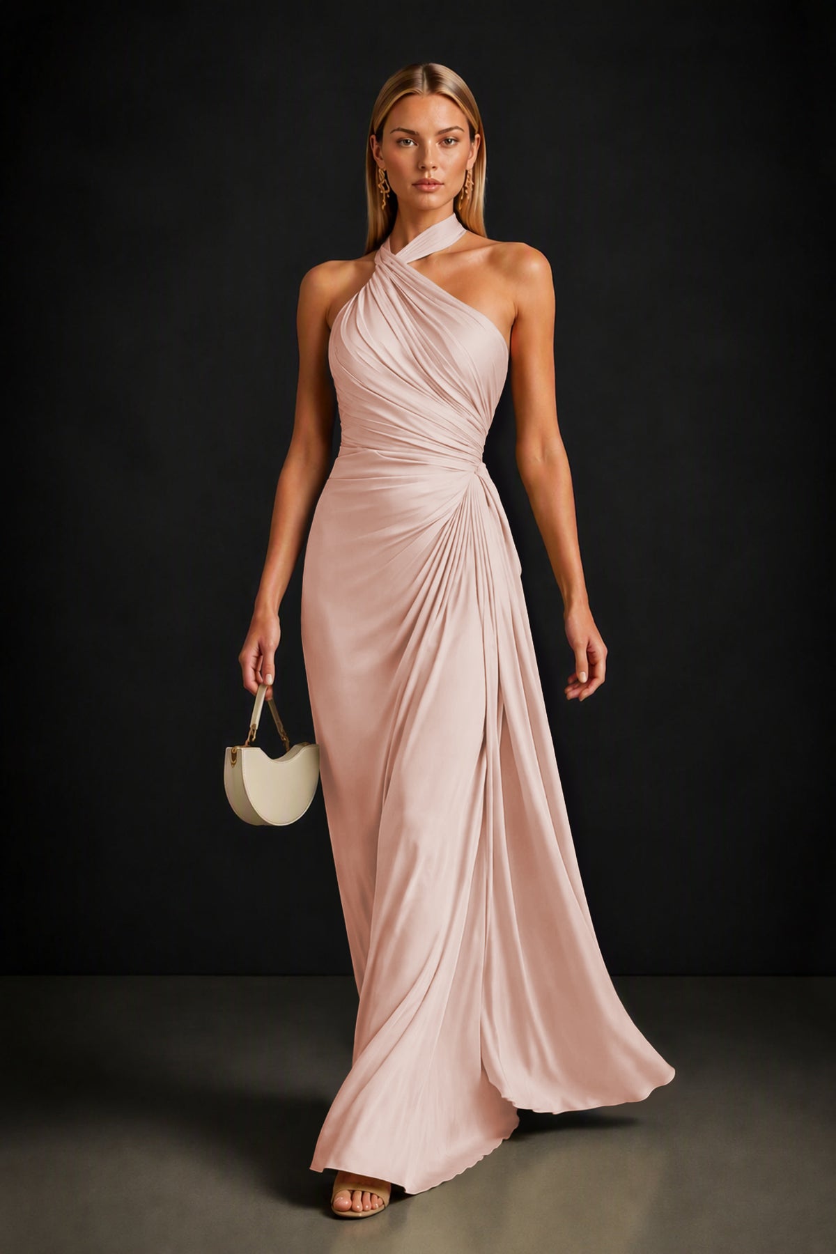 BOLODOO Rose Gold Twisted Halter Neck Ruched Sleeveless Open Back Floor-Length Gown - Rose Gold