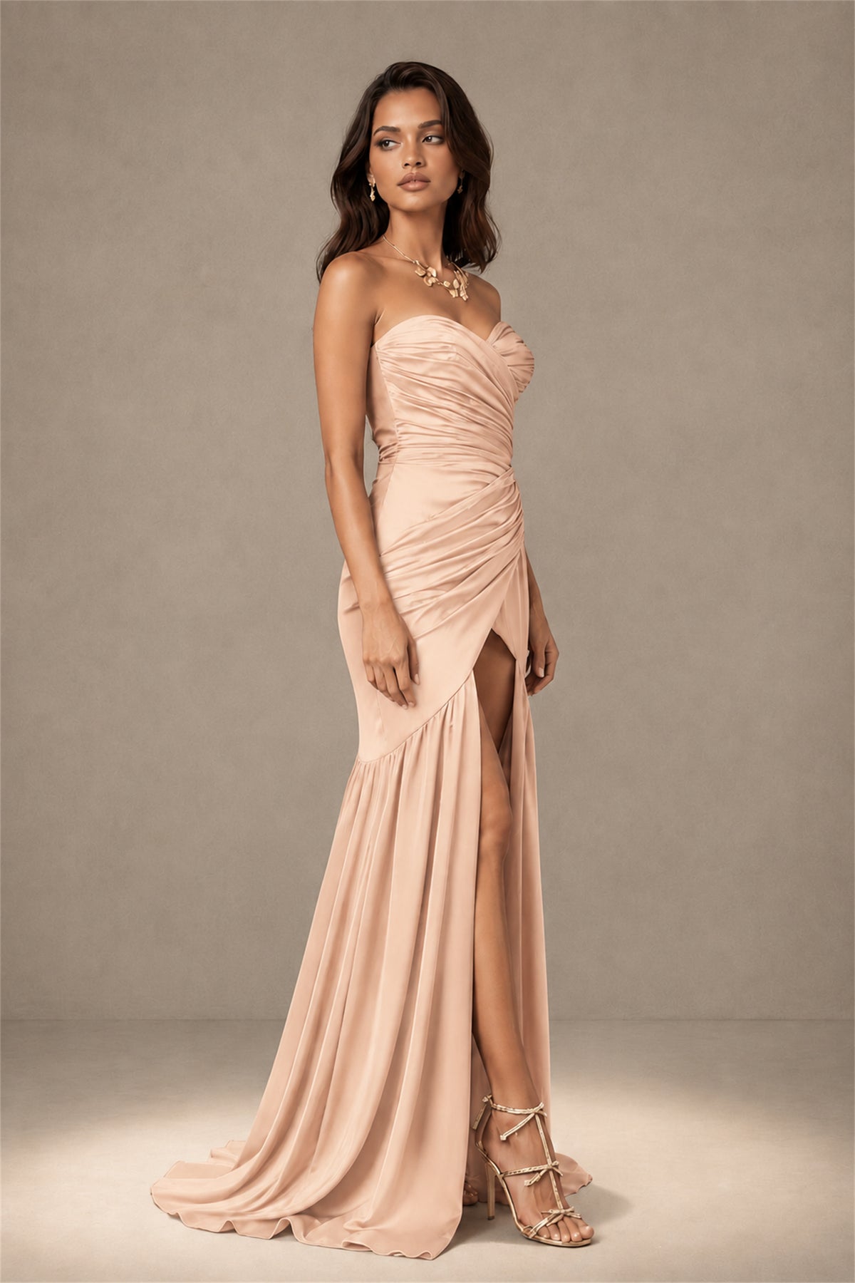 BOLODOO Rose Gold Brown Stretch Satin Sweetheart Strapless Ruched Open Back High Slit Mermaid Maxi Dress - Rose Gold