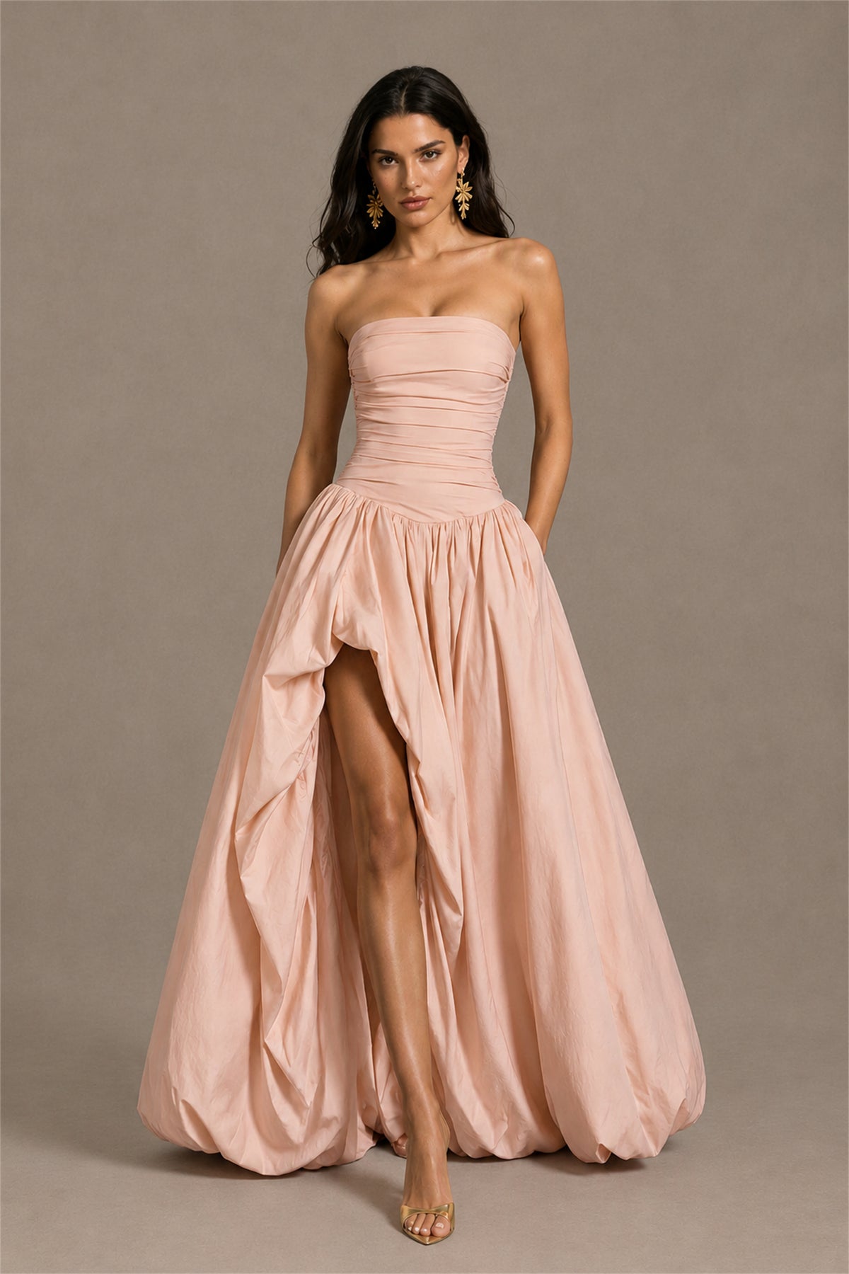 BOLODOO Rose Gold Strapless Ruched Corset Lace-Up Back Bubble Skirt High Slit Taffeta Maxi Dress - Rose Gold