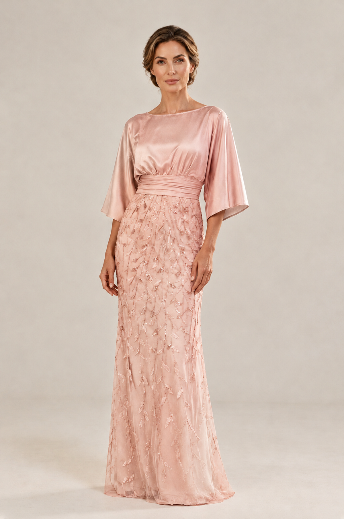 BOLODOO Rose Gold Mother of the Bride Dress with Kimono Sleeves, Satin Bodice & Sequin Embroidered Mermaid Floor-Length Gown - Rose Gold - Rose Gold (3)