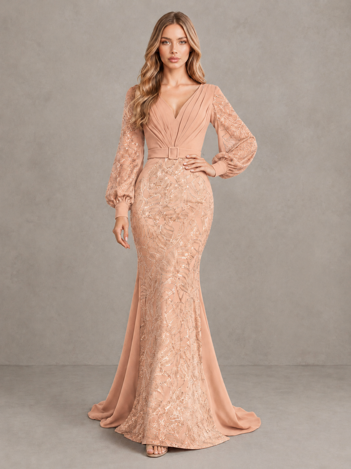 BOLODOO Rose Gold Sequin Long Bishop Sleeve Mermaid Evening Dress - Rose Gold - Rose Gold (3)