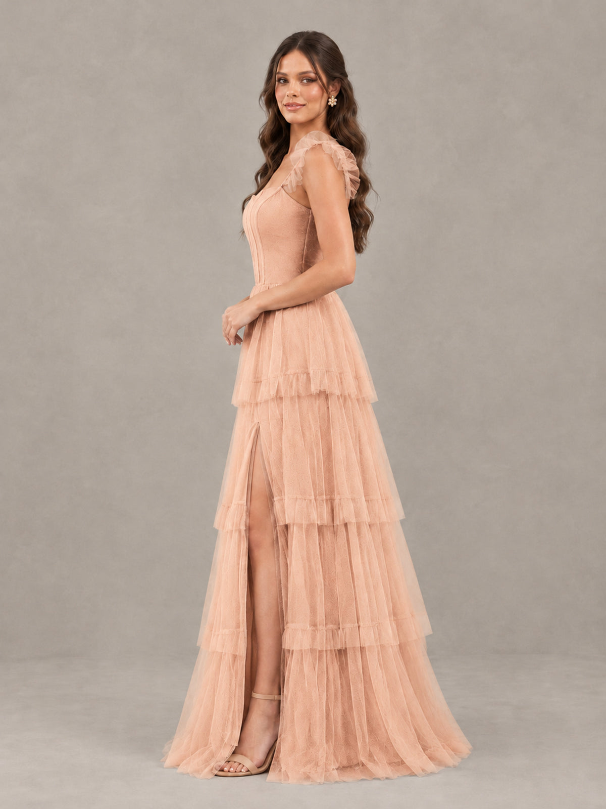 BOLODOO Rose Gold Tiered Tulle Bridesmaid Dress with Slit - Rose Gold - Rose Gold (3)