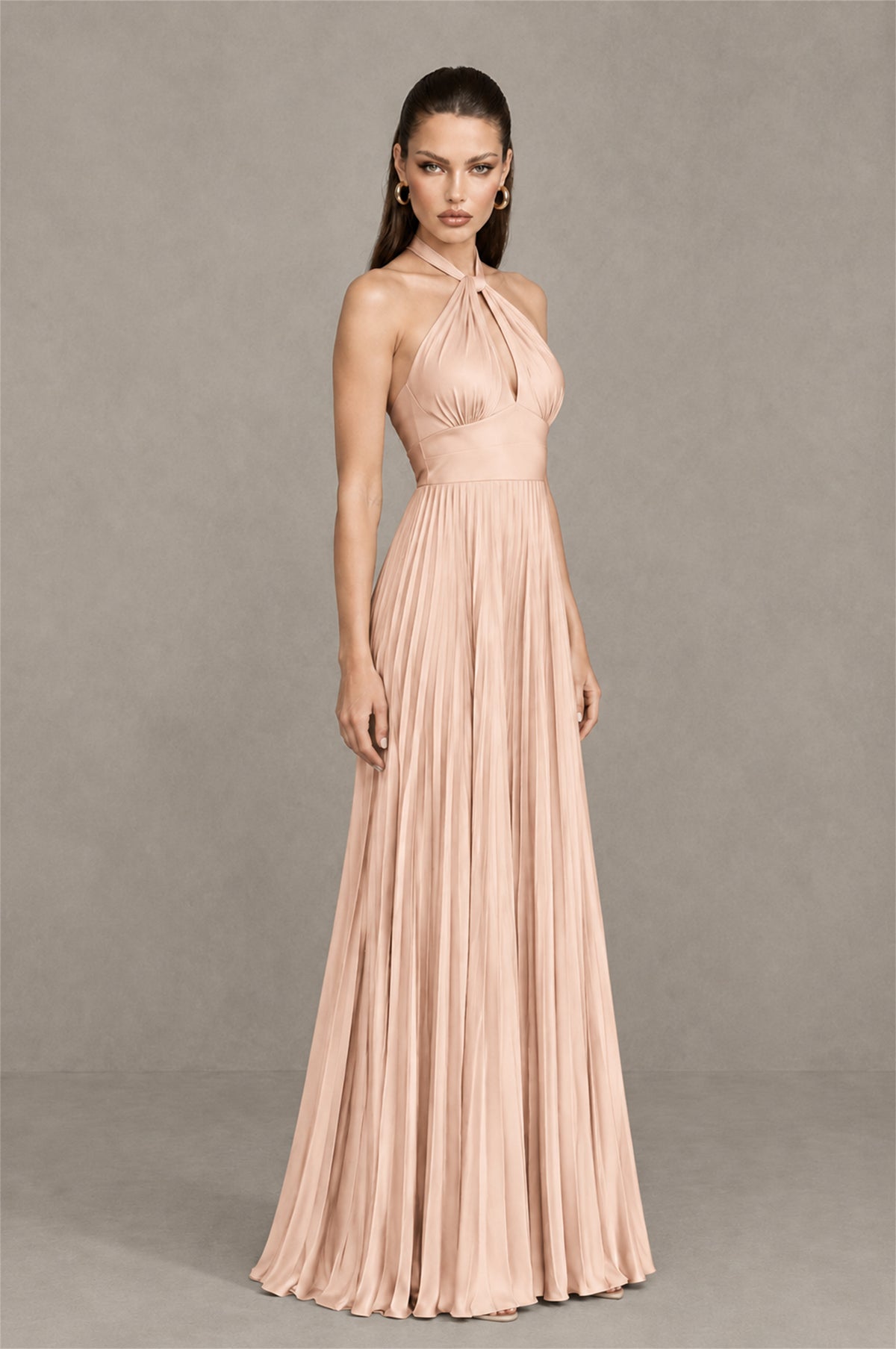 BOLODOO Rose Gold Halter Pleated A-Line Evening Dress - Rose Gold - Rose Gold (3)