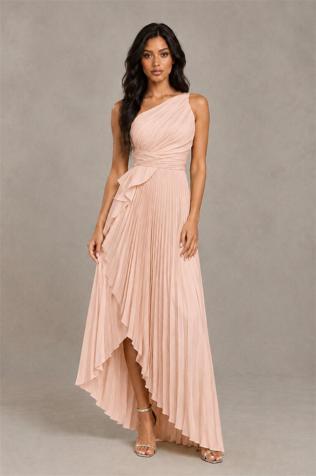 BOLODOO Rose Gold One-Shoulder High-Low Ruffle Maxi Dress - Rose Gold