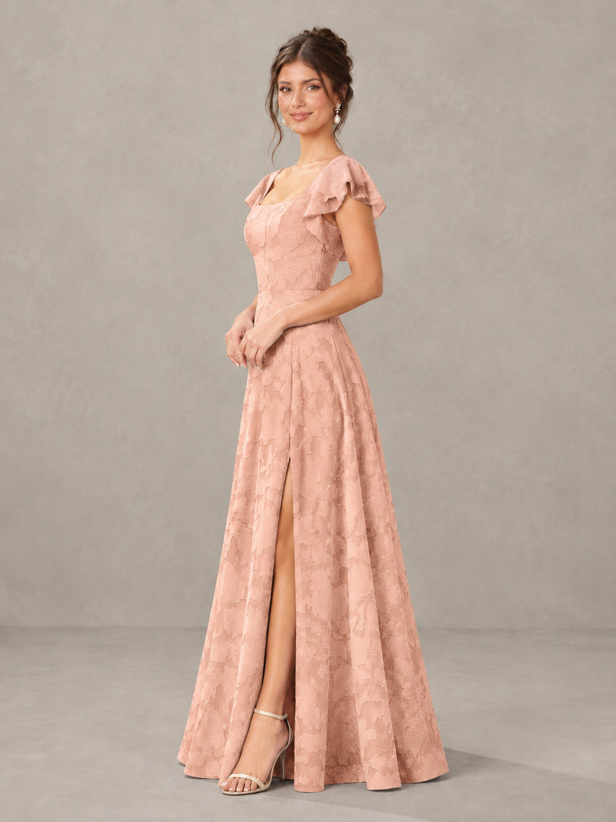 BOLODOO Rose Gold Floral Flutter Sleeve Bridesmaid Dress with Slit - Rose Gold - Rose Gold (3)