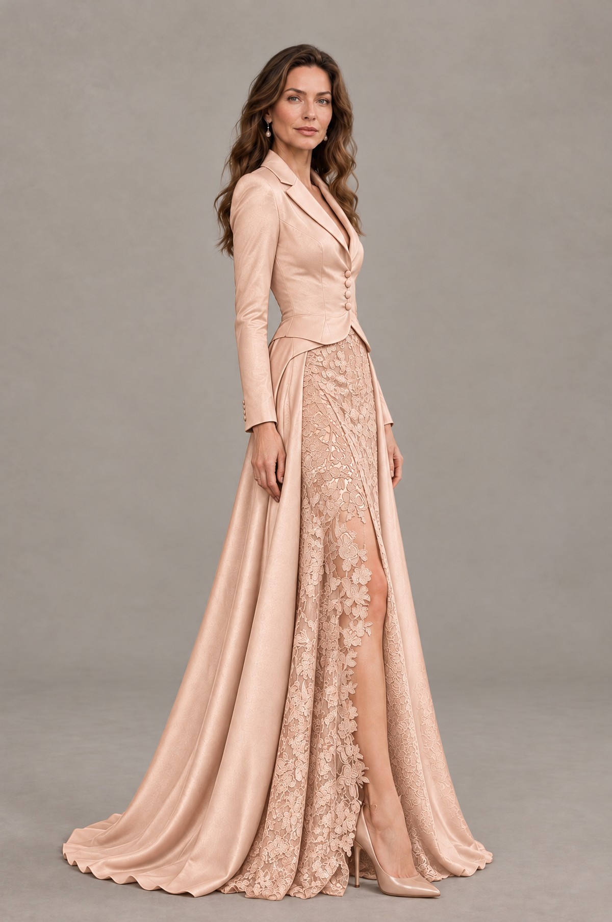 BOLODOO Rose Gold Long Sleeve Lace Blazer Gown with High Slit - Rose Gold - Rose Gold (3)