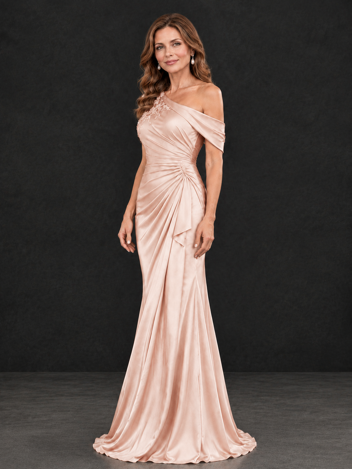 BOLODOO Rose Gold Asymmetric Satin Mother of the Bride Dress with Lace Sleeve - Rose Gold - Rose Gold (3)