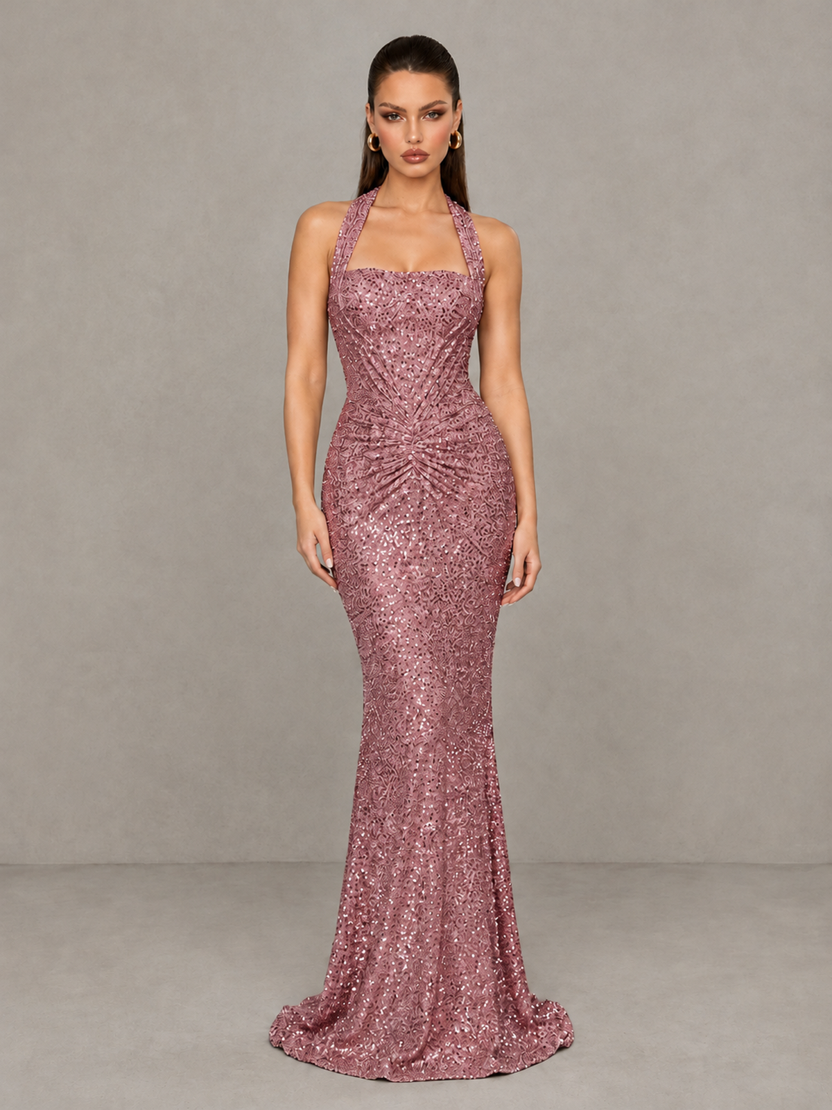 BOLODOO Rose Gold Sequin Halter Mermaid Evening Gown - Rose Gold - Rose Gold (3)
