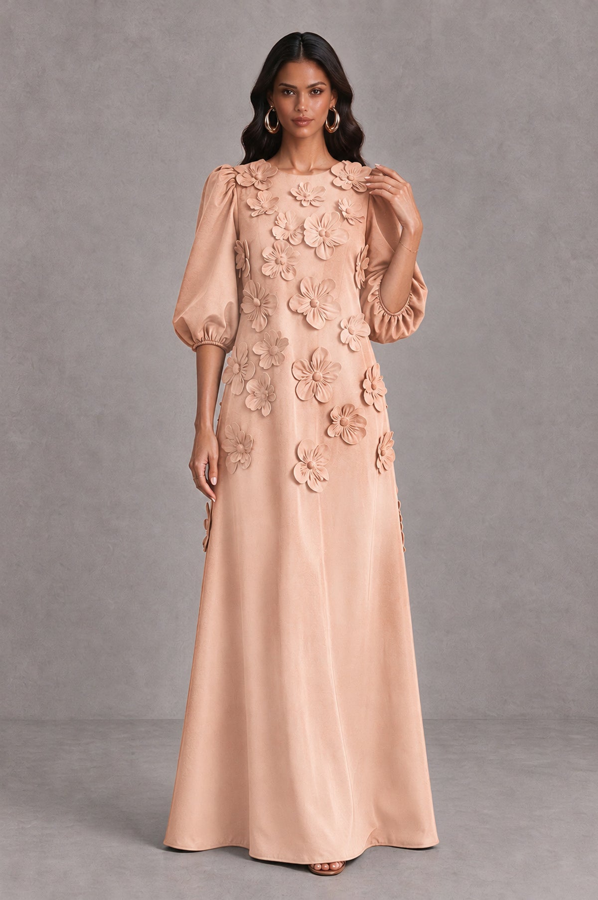 BOLODOO Rose Gold Floral Applique Puff Sleeve A-Line Evening Dress - Rose Gold - Rose Gold (3)