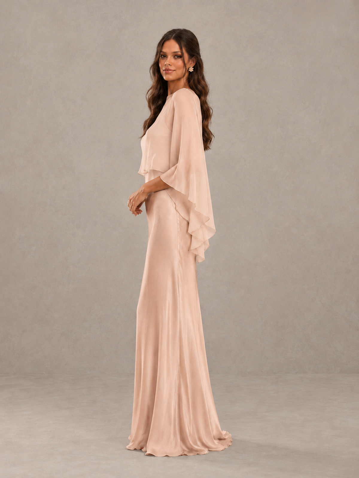 BOLODOO Rose Gold Satin Mermaid Bridesmaid Dress with Chiffon Cape - Rose Gold - Rose Gold (3)