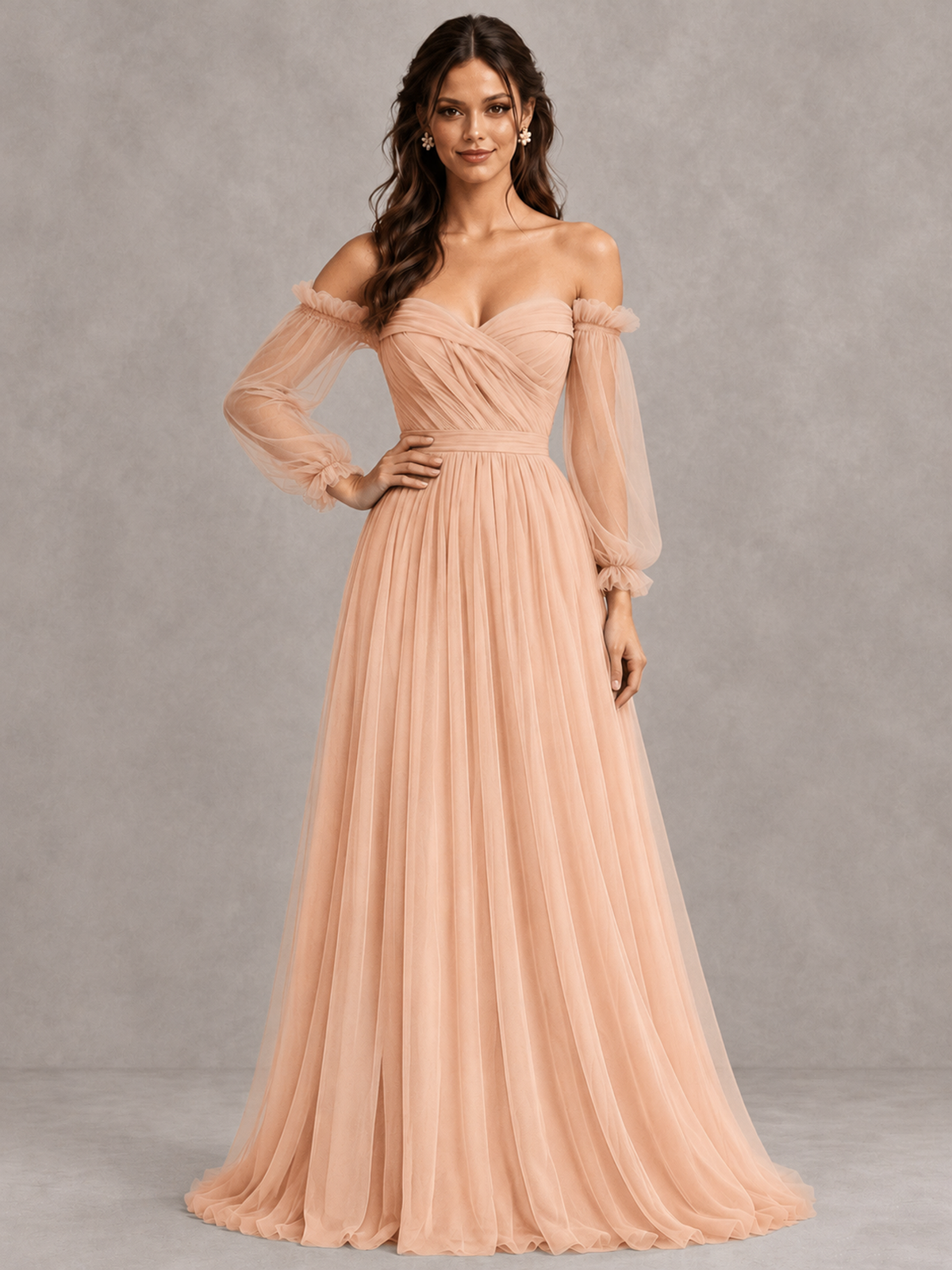 BOLODOO Rose Gold Off-the-Shoulder Long Sleeve A-Line Bridesmaid Dress - Rose Gold - Rose Gold (4)
