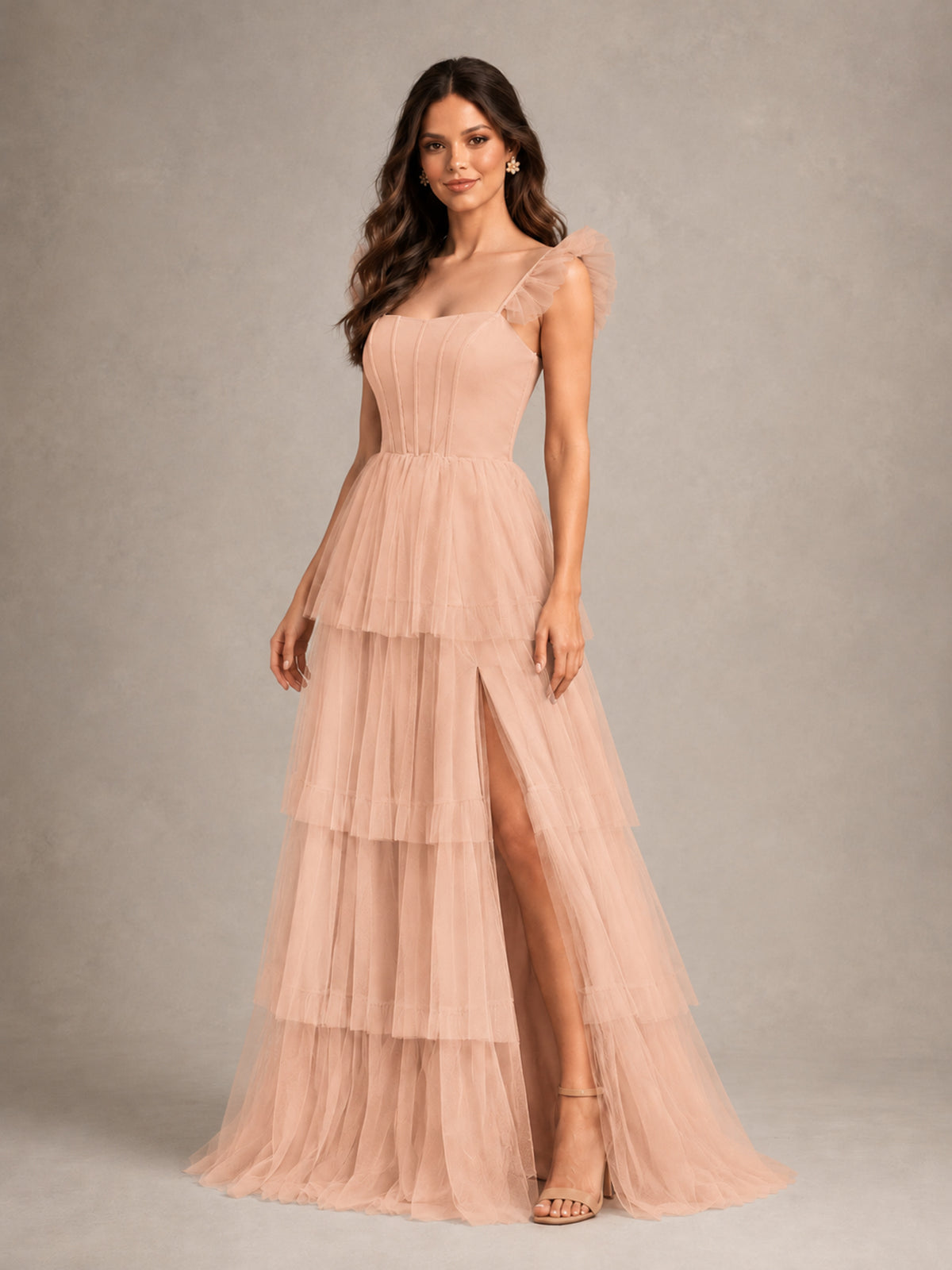 BOLODOO Rose Gold Tiered Tulle Bridesmaid Dress with Slit - Rose Gold - Rose Gold (4)