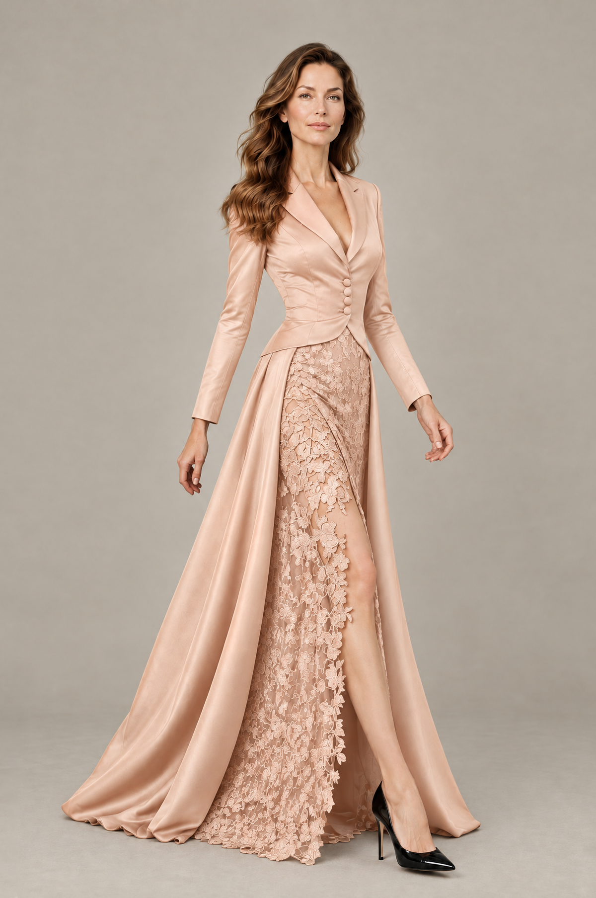 BOLODOO Rose Gold Long Sleeve Lace Blazer Gown with High Slit - Rose Gold - Rose Gold (4)