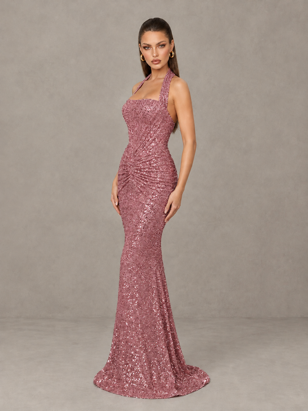 BOLODOO Rose Gold Sequin Halter Mermaid Evening Gown - Rose Gold - Rose Gold (4)