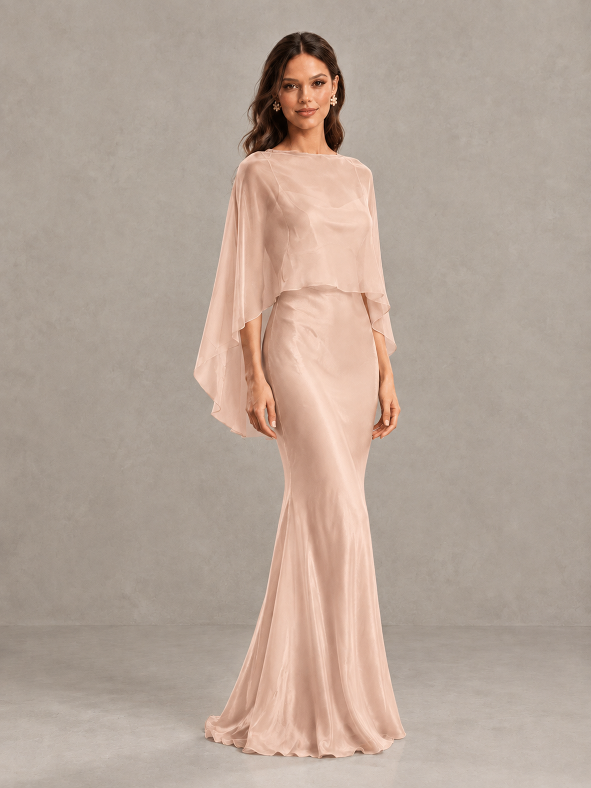 BOLODOO Rose Gold Satin Mermaid Bridesmaid Dress with Chiffon Cape - Rose Gold - Rose Gold (4)
