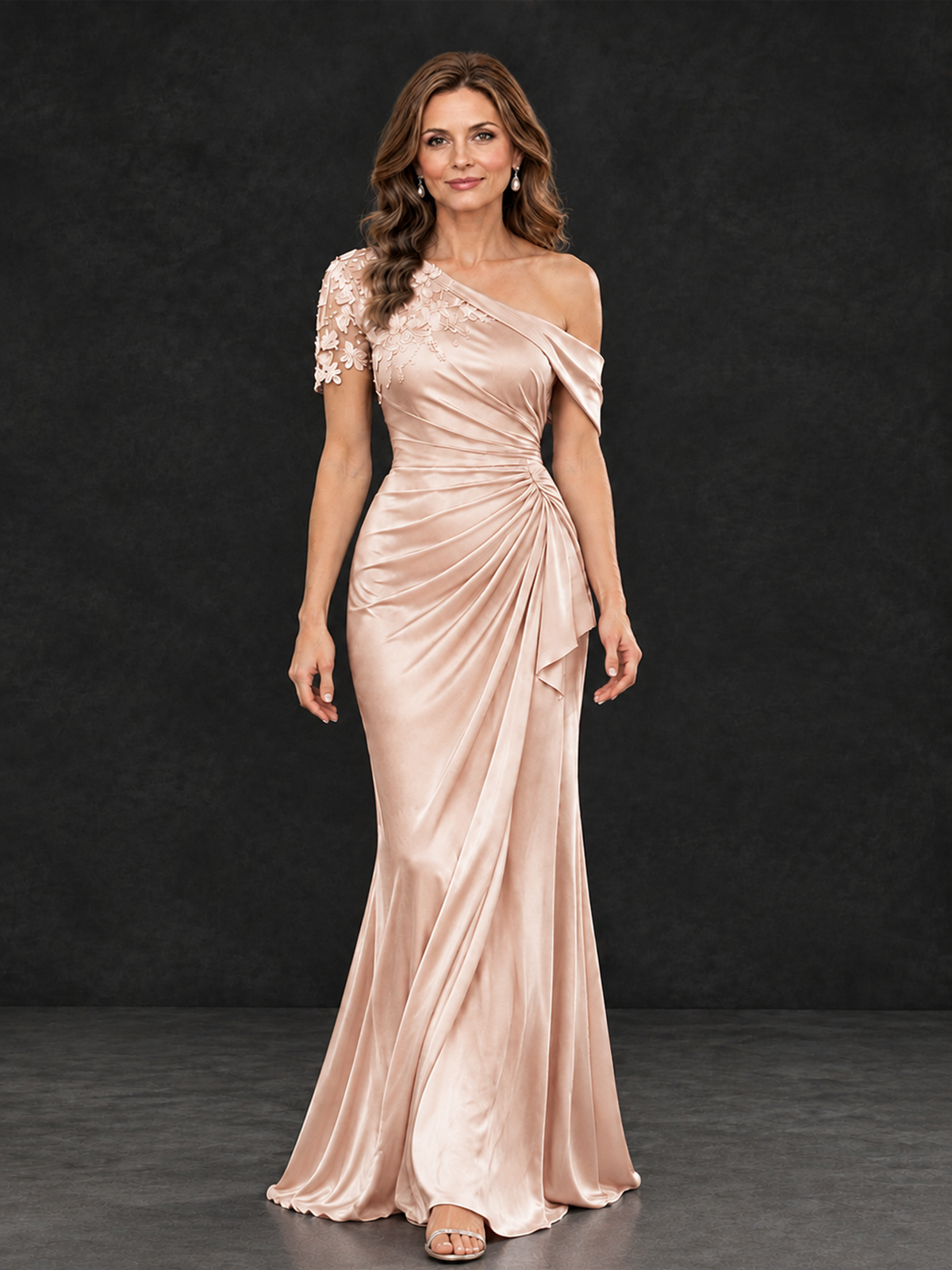 BOLODOO Rose Gold Asymmetric Satin Mother of the Bride Dress with Lace Sleeve - Rose Gold - Rose Gold (4)