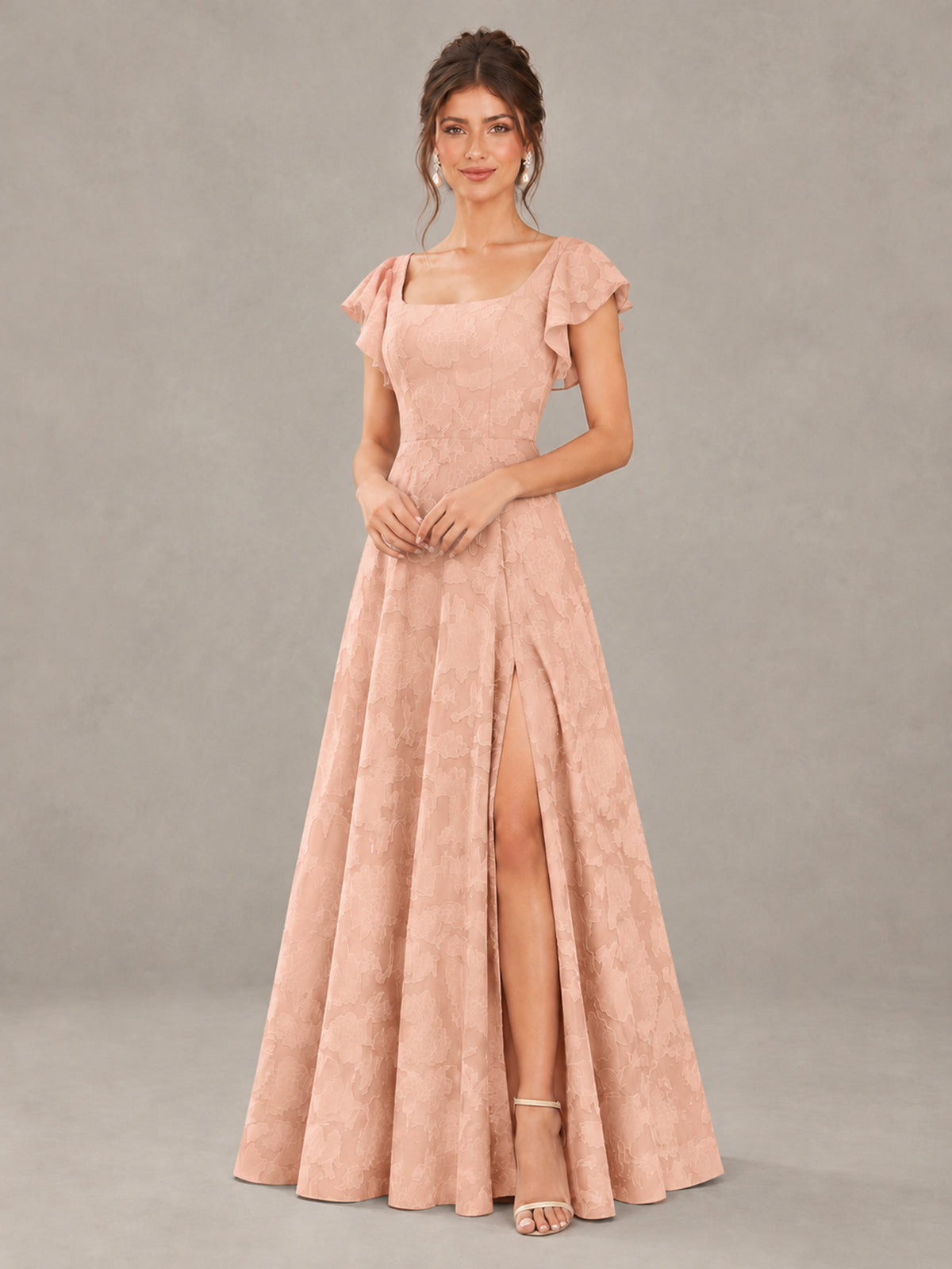 BOLODOO Rose Gold Floral Flutter Sleeve Bridesmaid Dress with Slit - Rose Gold - Rose Gold (4)