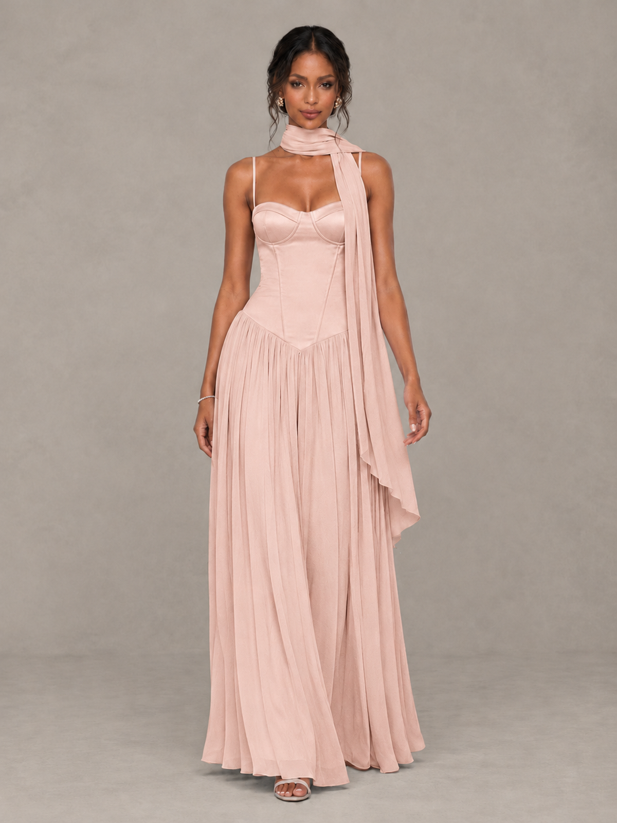 BOLODOO Rose Gold Corset Bridesmaid Dress with Scarf - Rose Gold - Rose Gold (4)