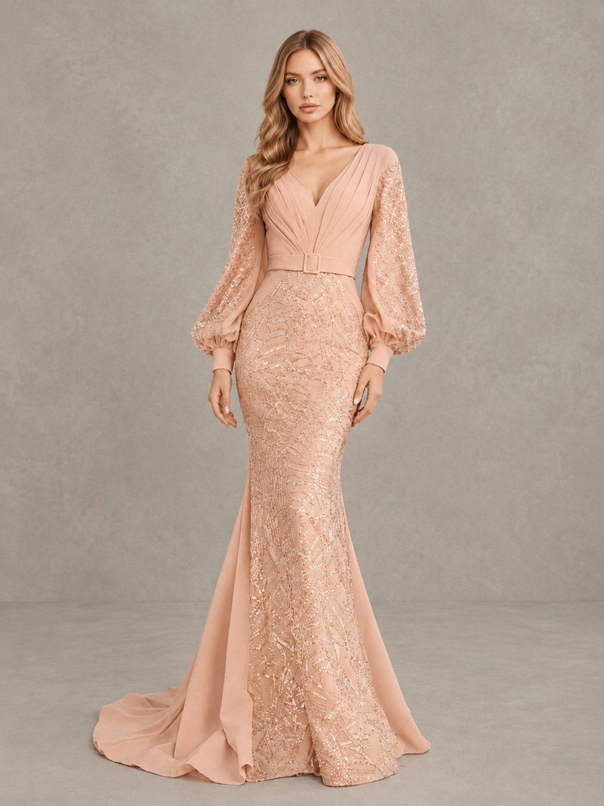 BOLODOO Rose Gold Sequin Long Bishop Sleeve Mermaid Evening Dress - Rose Gold - Rose Gold (4)