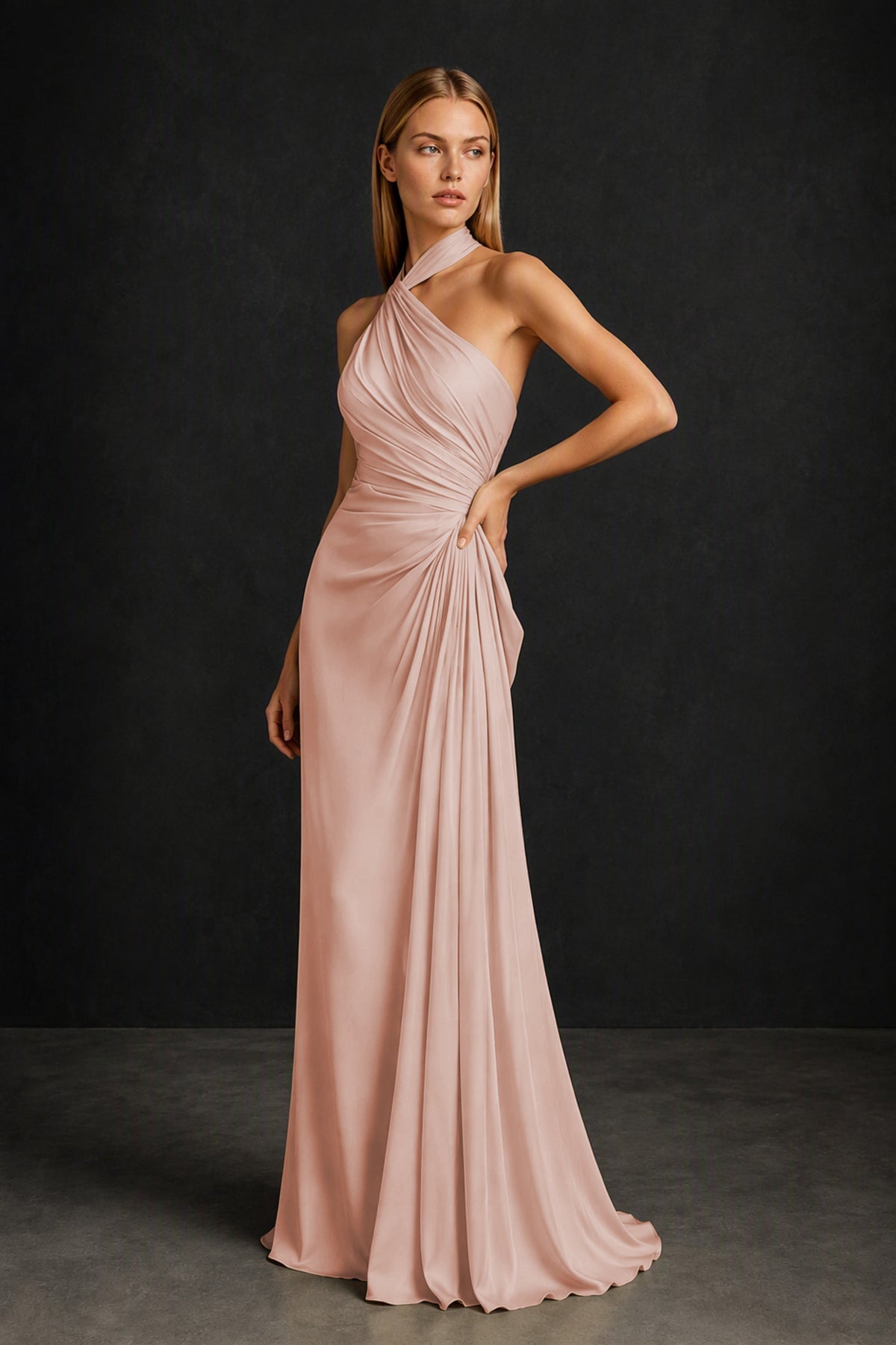 BOLODOO Rose Gold Twisted Halter Neck Ruched Sleeveless Open Back Floor-Length Gown - Rose Gold