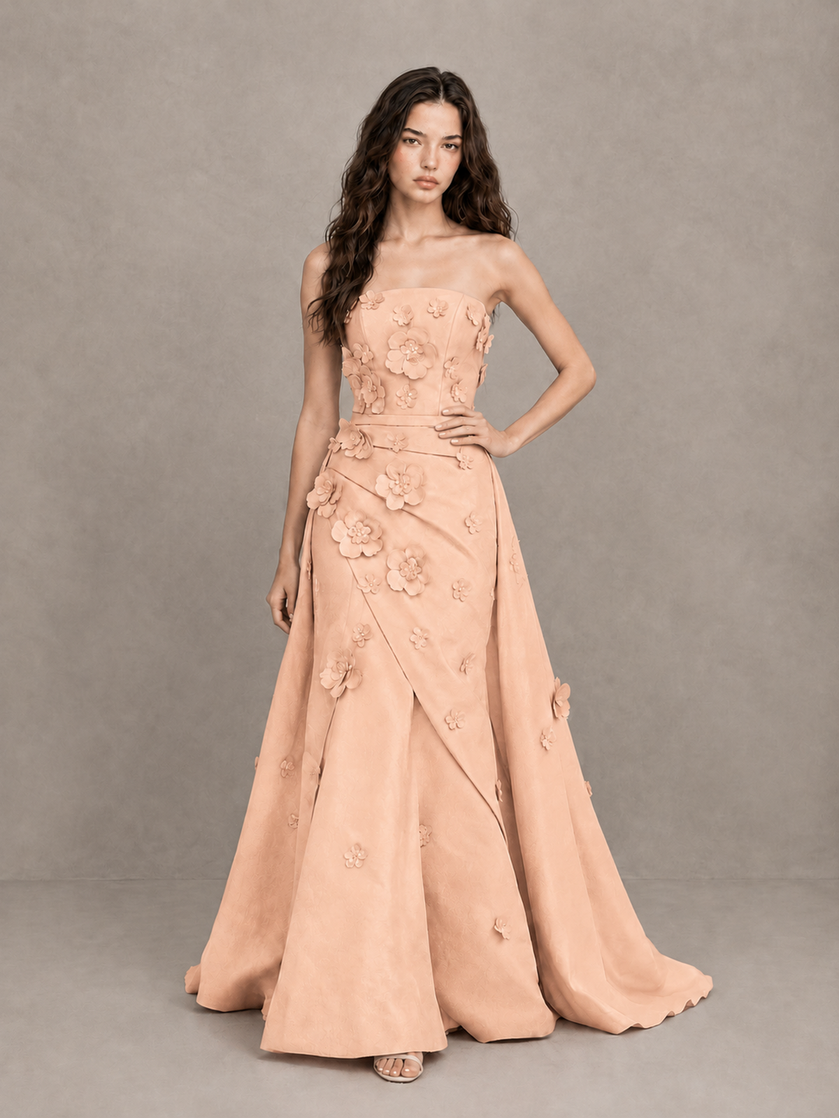 BOLODOO Rose Gold Strapless 3D Floral Applique Prom Gown with Draped Skirt - Rose Gold - Rose Gold (4)