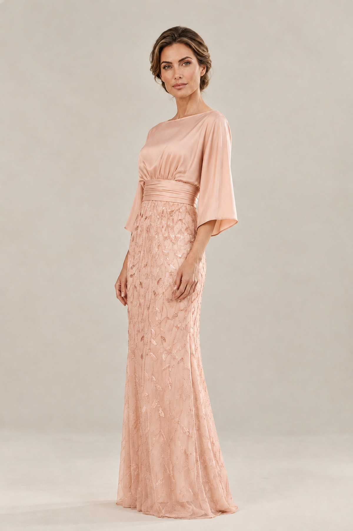 BOLODOO Rose Gold Mother of the Bride Dress with Kimono Sleeves, Satin Bodice & Sequin Embroidered Mermaid Floor-Length Gown - Rose Gold - Rose Gold (4)