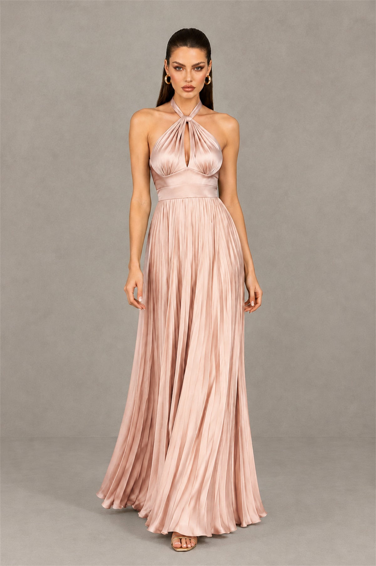 BOLODOO Rose Gold Halter Pleated A-Line Evening Dress - Rose Gold - Rose Gold (4)