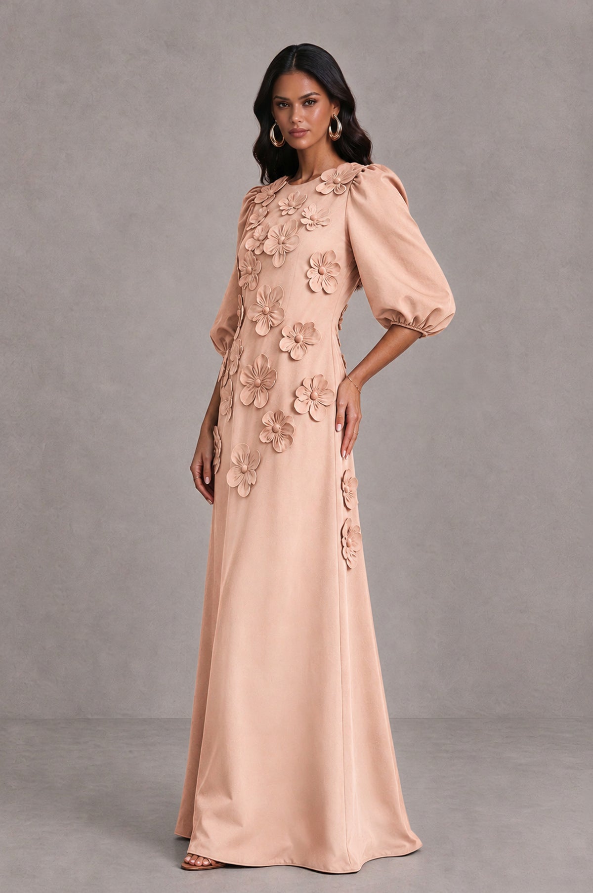 BOLODOO Rose Gold Floral Applique Puff Sleeve A-Line Evening Dress - Rose Gold - Rose Gold (4)