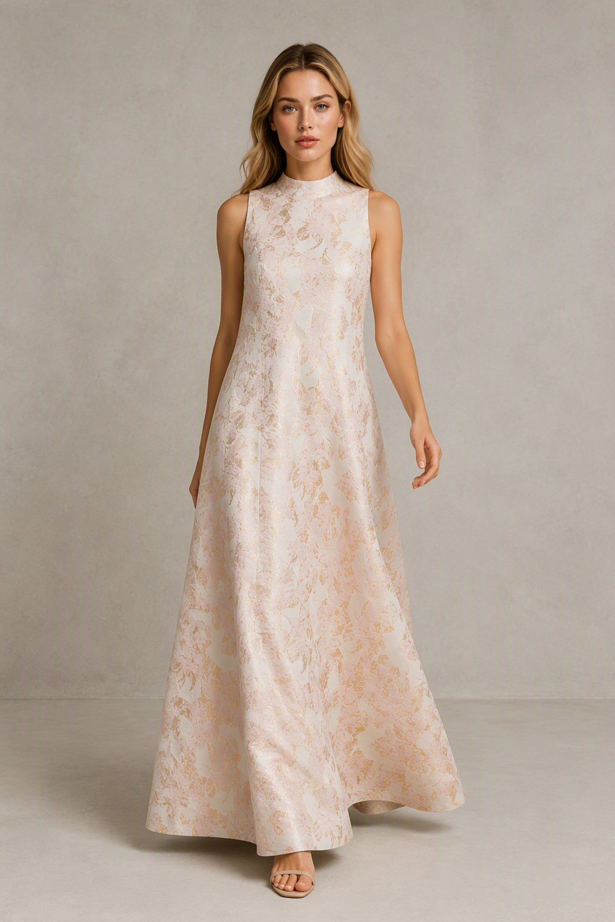 BOLODOO rose gold sleeveless jacquard high-neck floor-length gown front view