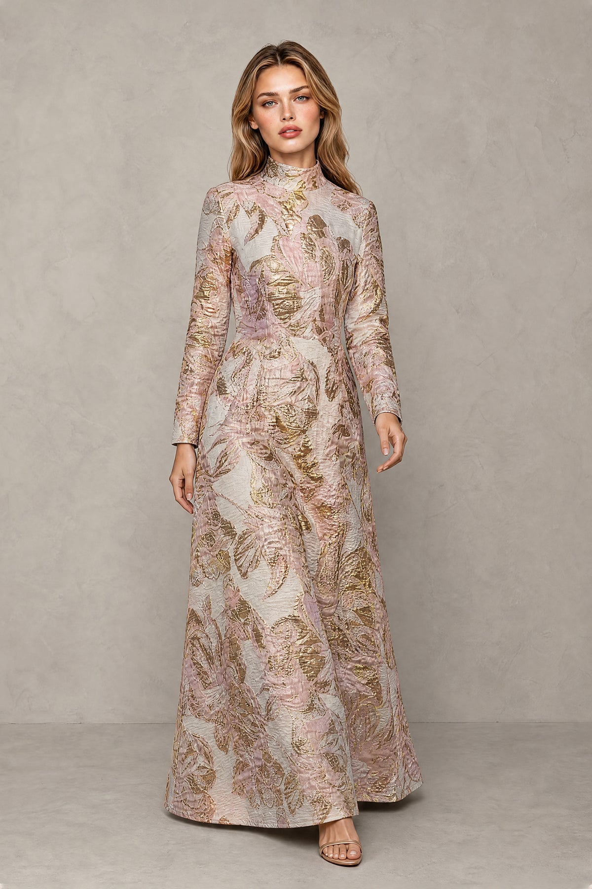 BOLODOO rose gold floral jacquard long sleeve high neck A-line evening gown front view