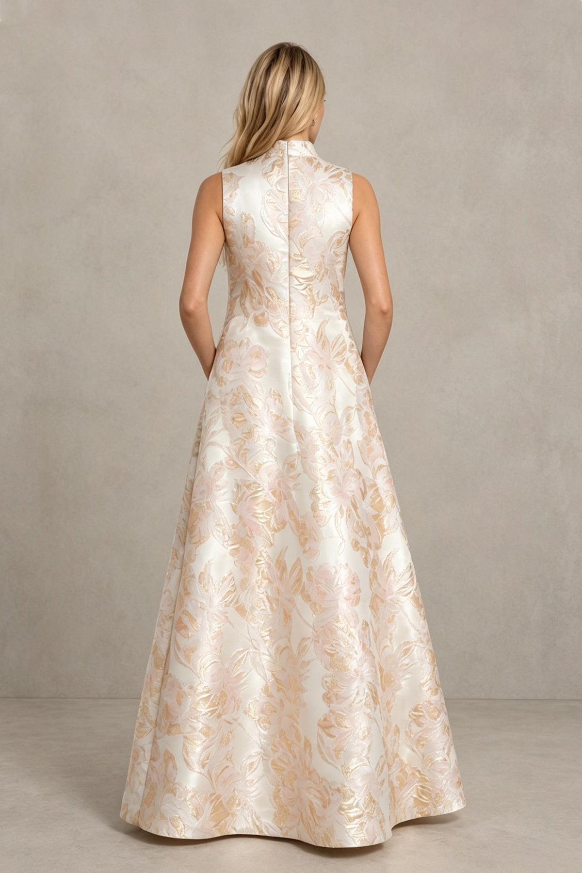 BOLODOO rose gold sleeveless jacquard high-neck maxi gown covered back view