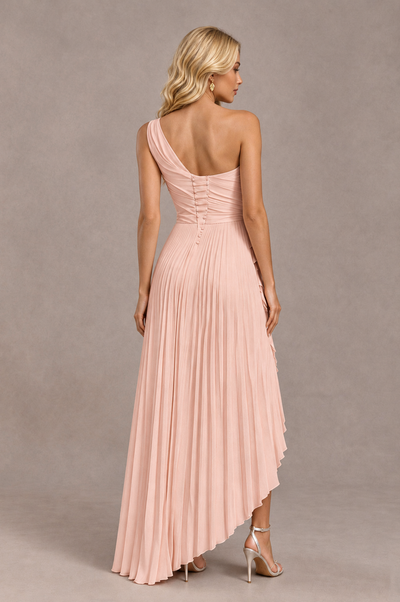 BOLODOO Rose Gold One-Shoulder High-Low Ruffle Maxi Dress 